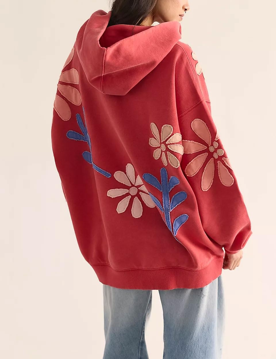 image:imagechouyatou Womens Y2k Floral Patchwork Pullover Hoodies Casual Oversized Sweatshirt Tops Contrast Color Hoodie JacketRed
