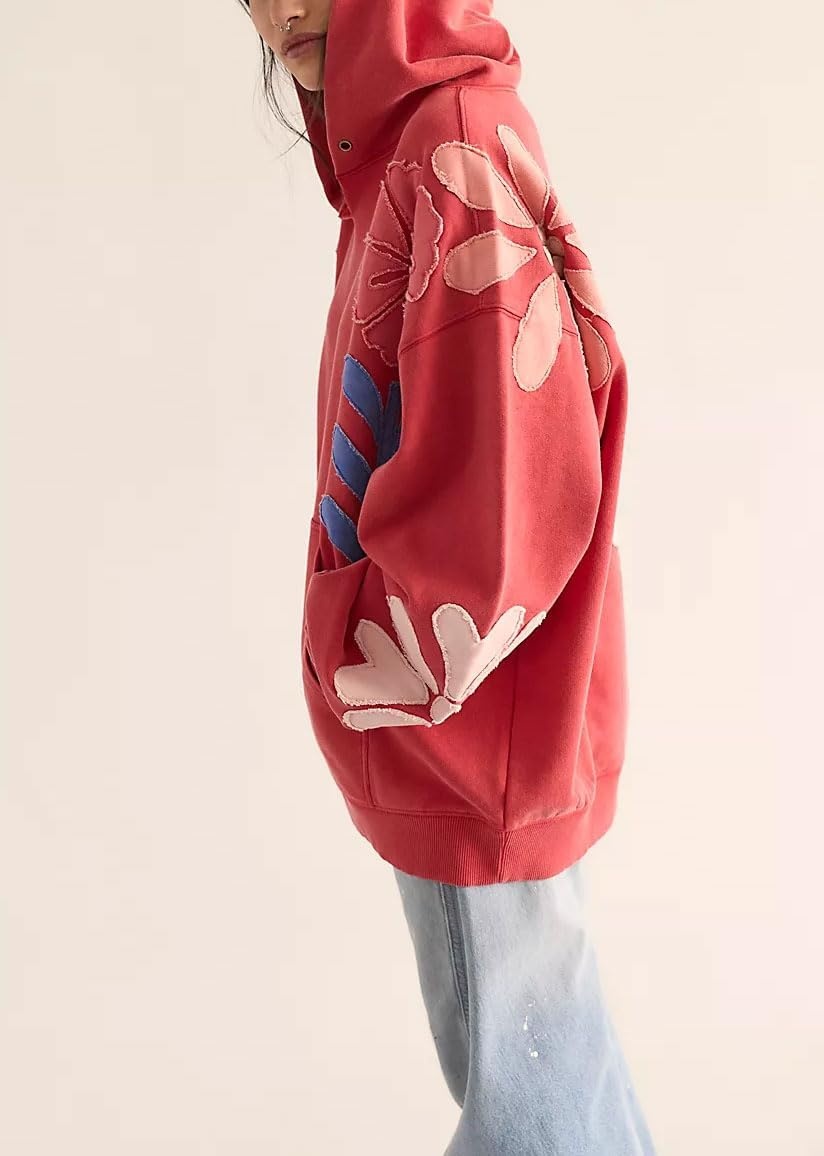 image:imagechouyatou Womens Y2k Floral Patchwork Pullover Hoodies Casual Oversized Sweatshirt Tops Contrast Color Hoodie JacketRed