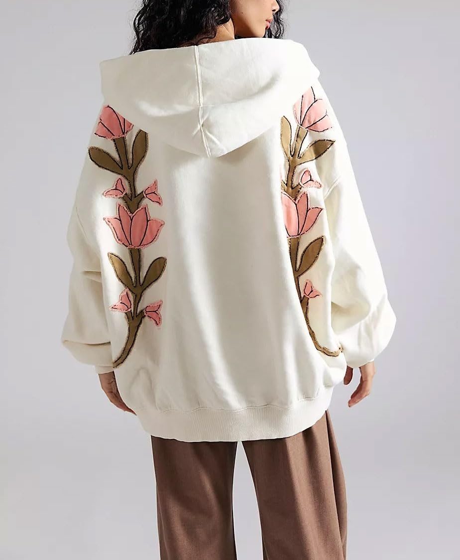 image:imagechouyatou Womens Y2k Floral Patchwork Pullover Hoodies Casual Oversized Sweatshirt Tops Contrast Color Hoodie JacketWhite