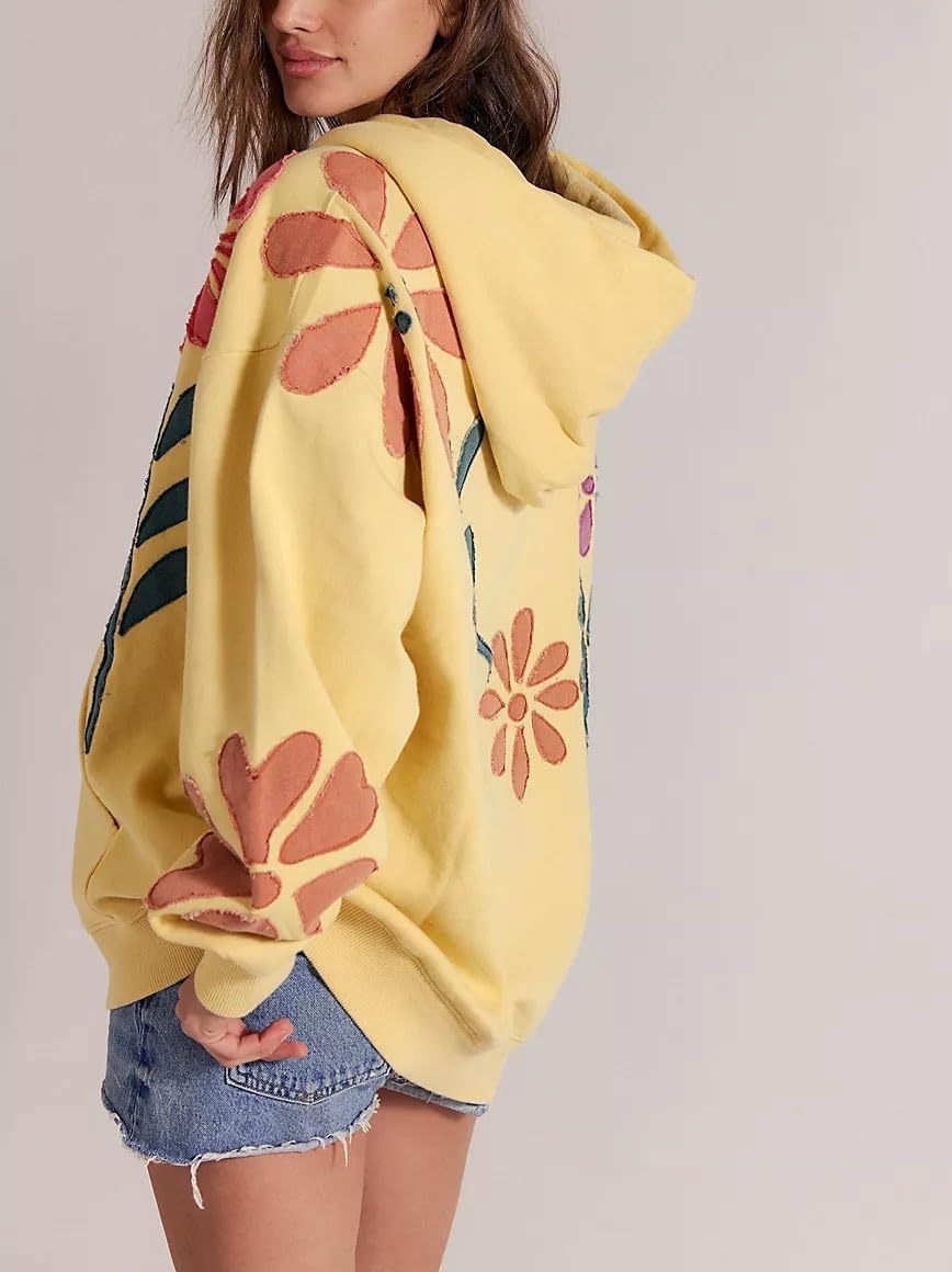 image:imagechouyatou Womens Y2k Floral Patchwork Pullover Hoodies Casual Oversized Sweatshirt Tops Contrast Color Hoodie JacketYellow
