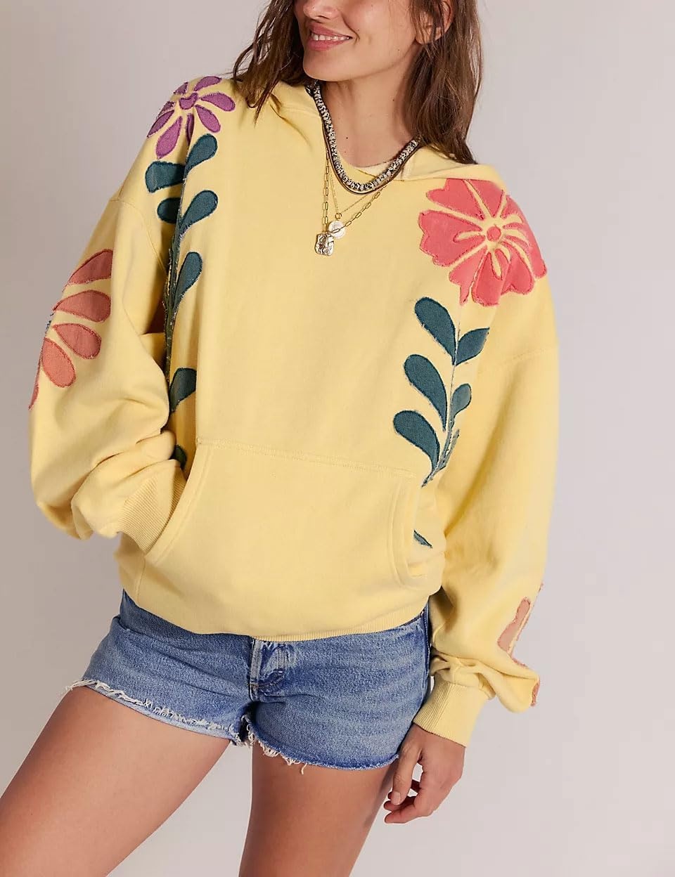 image:imagechouyatou Womens Y2k Floral Patchwork Pullover Hoodies Casual Oversized Sweatshirt Tops Contrast Color Hoodie JacketYellow