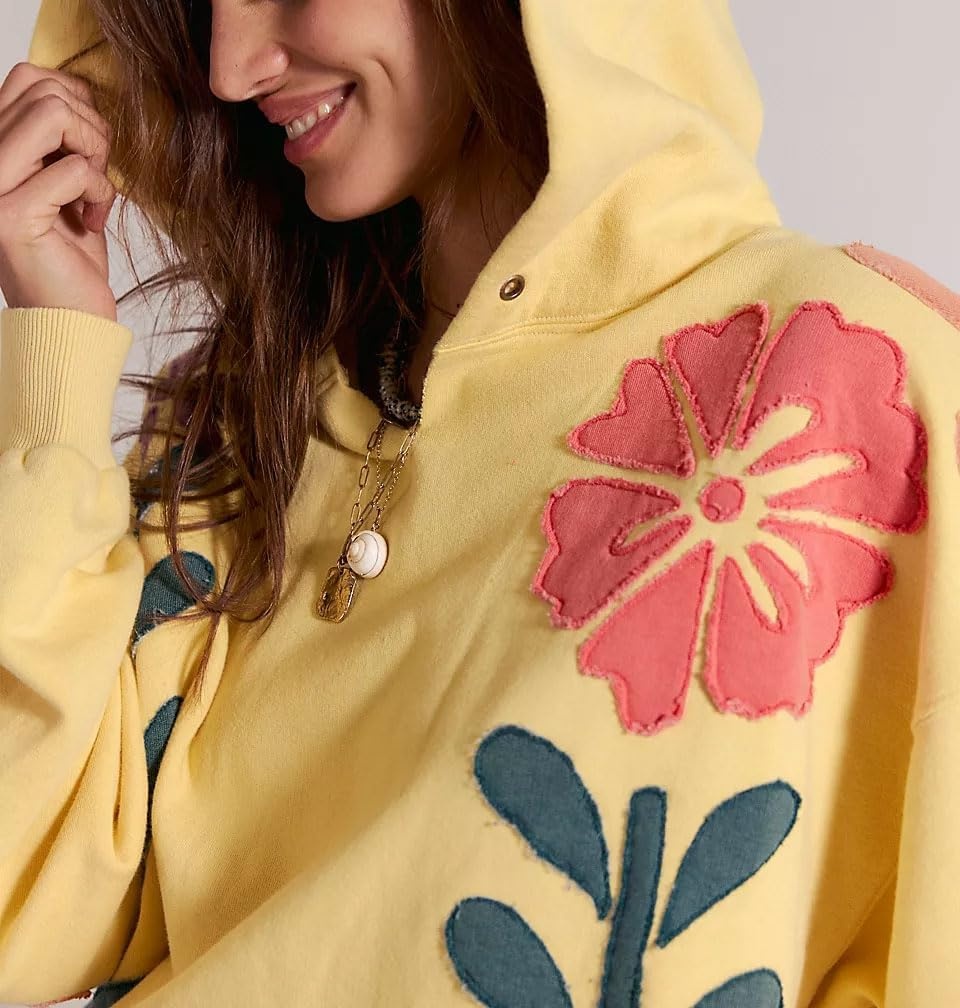 image:imagechouyatou Womens Y2k Floral Patchwork Pullover Hoodies Casual Oversized Sweatshirt Tops Contrast Color Hoodie JacketYellow