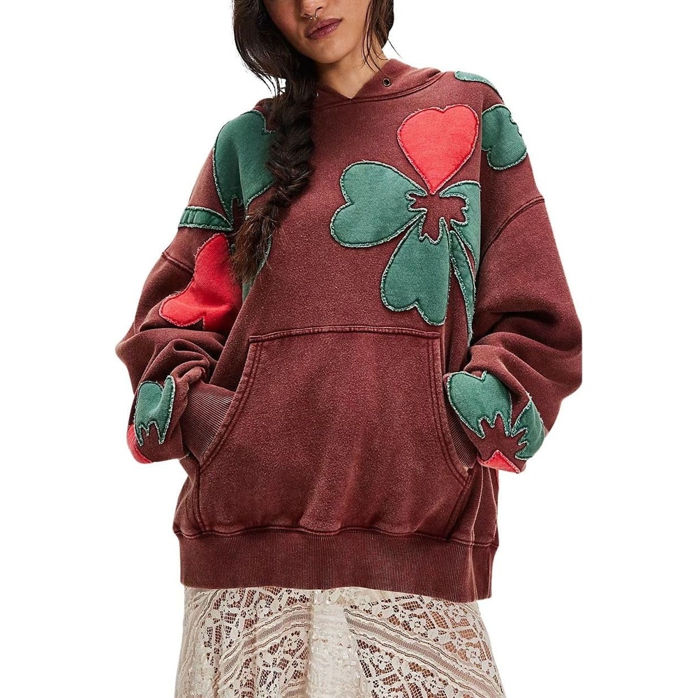image:imagechouyatou Womens Y2k Floral Patchwork Pullover Hoodies Casual Oversized Sweatshirt Tops Contrast Color Hoodie JacketDark Red