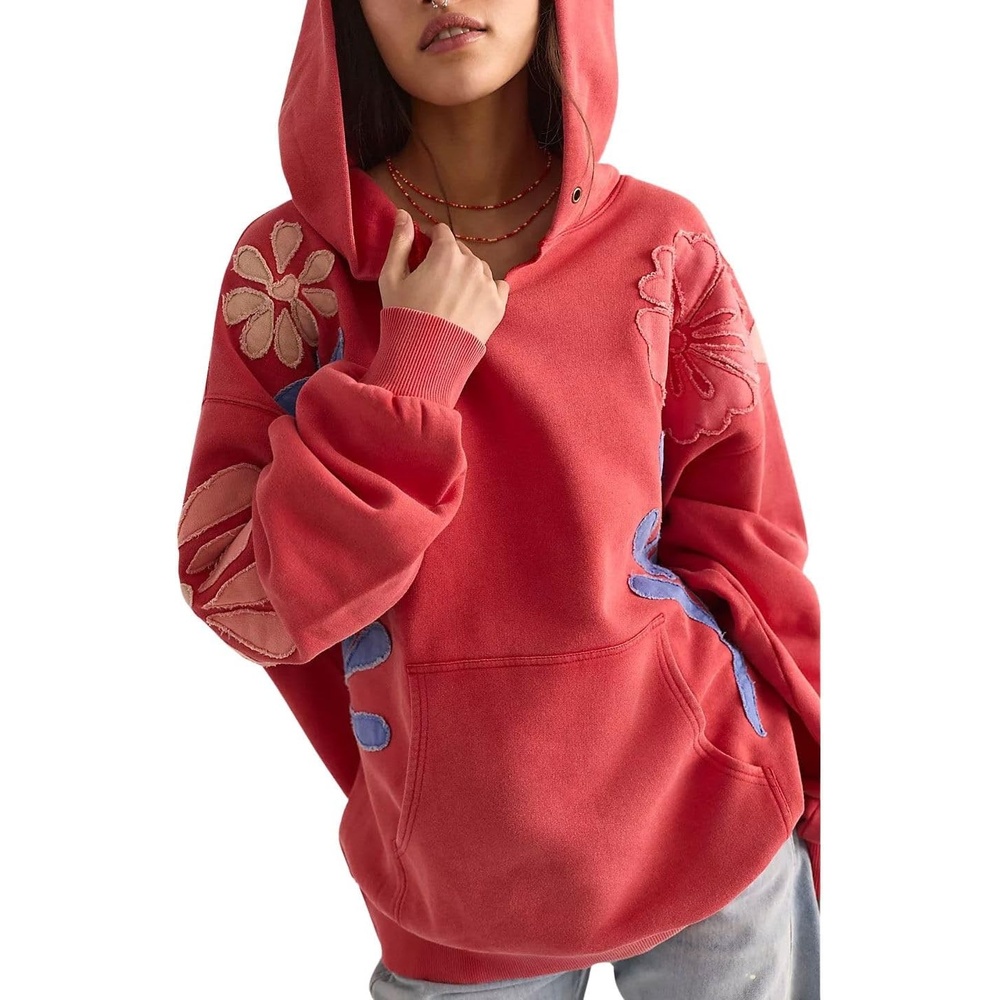 image:imagechouyatou Womens Y2k Floral Patchwork Pullover Hoodies Casual Oversized Sweatshirt Tops Contrast Color Hoodie JacketRed