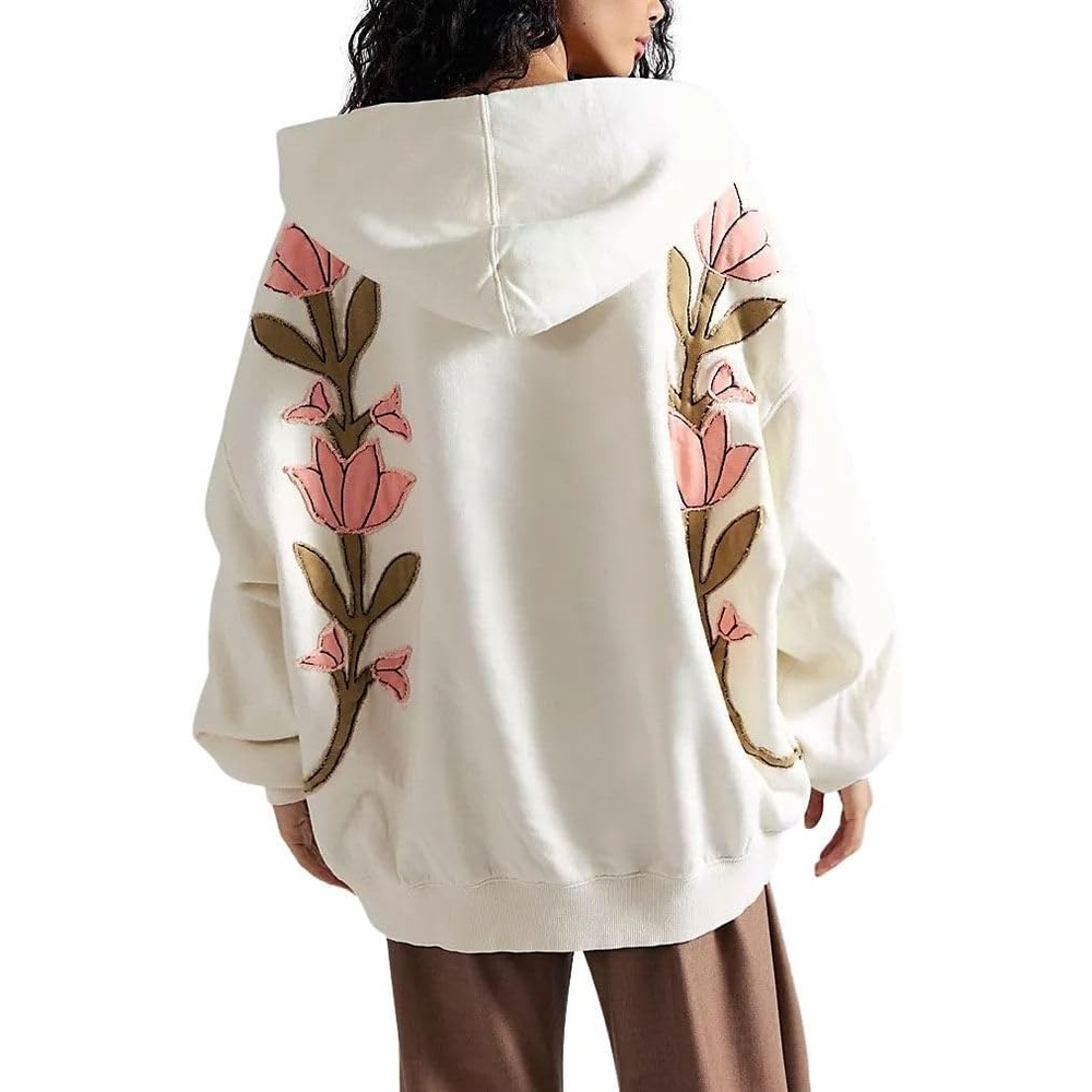 image:imagechouyatou Womens Y2k Floral Patchwork Pullover Hoodies Casual Oversized Sweatshirt Tops Contrast Color Hoodie JacketWhite
