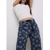 image:imagechouyatou Womens Baggy Floral Pattern Barrel Jeans Diamond Gird High Waisted Denim Ankle Pants with DrawstringRetro Blue