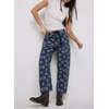 image:imagechouyatou Womens Baggy Floral Pattern Barrel Jeans Diamond Gird High Waisted Denim Ankle Pants with DrawstringRetro Blue