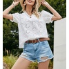 image:imagechouyatou Womens Crochet Eyelet V Neck Puff Sleeve Ruffle Babydoll TShirt Blouse TopsWhite