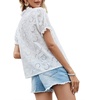 image:imagechouyatou Womens Crochet Eyelet V Neck Puff Sleeve Ruffle Babydoll TShirt Blouse TopsWhite