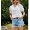 image:imagechouyatou Womens Crochet Eyelet V Neck Puff Sleeve Ruffle Babydoll TShirt Blouse TopsWhite