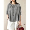 image:imagechouyatou Womens Gingham Button Down Cotton Shirt Plaid Crewneck Half Sleeve Summer Tunic Tops BlousesBlack