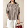 image:imagechouyatou Womens Gingham Button Down Cotton Shirt Plaid Crewneck Half Sleeve Summer Tunic Tops BlousesCoffee