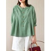 image:imagechouyatou Womens Gingham Button Down Cotton Shirt Plaid Crewneck Half Sleeve Summer Tunic Tops BlousesGreen