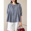 image:imagechouyatou Womens Gingham Button Down Cotton Shirt Plaid Crewneck Half Sleeve Summer Tunic Tops BlousesNavy