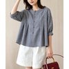 image:imagechouyatou Womens Gingham Button Down Cotton Shirt Plaid Crewneck Half Sleeve Summer Tunic Tops BlousesNavy