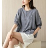 image:imagechouyatou Womens Gingham Button Down Cotton Shirt Plaid Crewneck Half Sleeve Summer Tunic Tops BlousesNavy