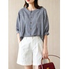 image:imagechouyatou Womens Gingham Button Down Cotton Shirt Plaid Crewneck Half Sleeve Summer Tunic Tops BlousesNavy