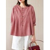 image:imagechouyatou Womens Gingham Button Down Cotton Shirt Plaid Crewneck Half Sleeve Summer Tunic Tops BlousesRed