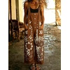 image:imagechouyatou Womens Graffiti Printed Y2K Denim Bib Pants Jumper Button Front Wide Leg Jean Jumpsuit RomperBrown