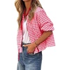image:imagechouyatou Womens 2025 Casual Lightweight Plaid Bomber Jacket Spring Fall Crop Cotton Jacket ShirtPink
