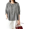 image:imagechouyatou Womens Gingham Button Down Cotton Shirt Plaid Crewneck Half Sleeve Summer Tunic Tops BlousesBlack