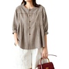 image:imagechouyatou Womens Gingham Button Down Cotton Shirt Plaid Crewneck Half Sleeve Summer Tunic Tops BlousesCoffee