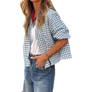 image:imagechouyatou Womens 2025 Casual Lightweight Plaid Bomber Jacket Spring Fall Crop Cotton Jacket ShirtBlue