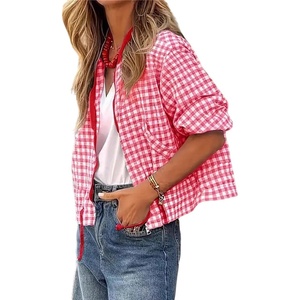 image:imagechouyatou Womens 2025 Casual Lightweight Plaid Bomber Jacket Spring Fall Crop Cotton Jacket ShirtPink