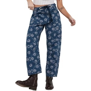 image:imagechouyatou Womens Baggy Floral Pattern Barrel Jeans Diamond Gird High Waisted Denim Ankle Pants with DrawstringBlue