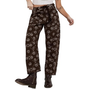 image:imagechouyatou Womens Baggy Floral Pattern Barrel Jeans Diamond Gird High Waisted Denim Ankle Pants with DrawstringCoffee