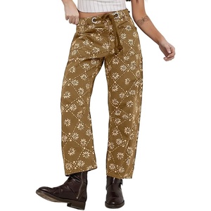 image:imagechouyatou Womens Baggy Floral Pattern Barrel Jeans Diamond Gird High Waisted Denim Ankle Pants with DrawstringKhaki