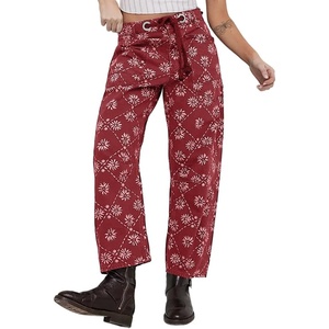image:imagechouyatou Womens Baggy Floral Pattern Barrel Jeans Diamond Gird High Waisted Denim Ankle Pants with DrawstringRed