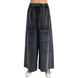 image:imagechouyatou Womens Boyfriend Baggy Cargo Pants Elastic Waist Wide Leg Palazzo Pants with PocketsBlack