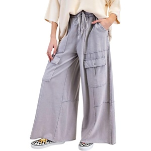 image:imagechouyatou Womens Boyfriend Baggy Cargo Pants Elastic Waist Wide Leg Palazzo Pants with PocketsGray