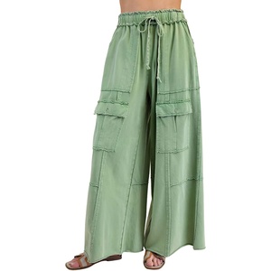 image:imagechouyatou Womens Boyfriend Baggy Cargo Pants Elastic Waist Wide Leg Palazzo Pants with PocketsGreen