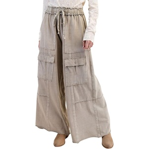image:imagechouyatou Womens Boyfriend Baggy Cargo Pants Elastic Waist Wide Leg Palazzo Pants with PocketsKhaki