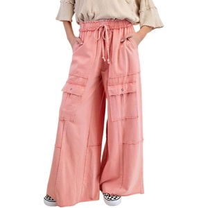 image:imagechouyatou Womens Boyfriend Baggy Cargo Pants Elastic Waist Wide Leg Palazzo Pants with PocketsPink