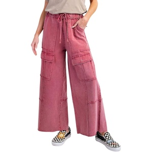 image:imagechouyatou Womens Boyfriend Baggy Cargo Pants Elastic Waist Wide Leg Palazzo Pants with PocketsRose Red