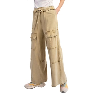 image:imagechouyatou Womens Boyfriend Baggy Cargo Pants Elastic Waist Wide Leg Palazzo Pants with PocketsYellow