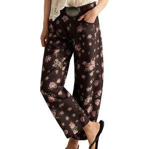 image:imagechouyatou Womens Casual Baggy Floral Barrel Jeans Y2K Boyfriend High Waisted Jeans Wide Leg Denim Ankle PantsCoffee