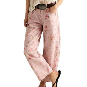 image:imagechouyatou Womens Casual Baggy Floral Barrel Jeans Y2K Boyfriend High Waisted Jeans Wide Leg Denim Ankle PantsPink