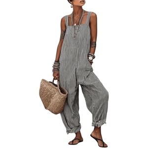 image:imagechouyatou Womens Casual Striped Suspender Strap Overalls Y2k Baggy Wide Leg Jumpsuit Loose Fit Romper Overall PantsBlack