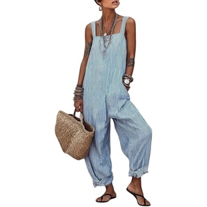 image:imagechouyatou Womens Casual Striped Suspender Strap Overalls Y2k Baggy Wide Leg Jumpsuit Loose Fit Romper Overall PantsBlue