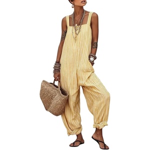 image:imagechouyatou Womens Casual Striped Suspender Strap Overalls Y2k Baggy Wide Leg Jumpsuit Loose Fit Romper Overall PantsYellow