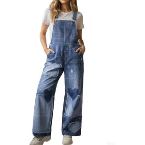 image:imagechouyatou Womens Distressed Adjustable Strap Denim Bib Overalls Jeans Heart Patchwork Wide Leg Denim Pant JumpsuitLight Blue