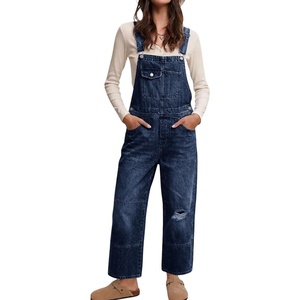 image:imagechouyatou Womens Distressed Denim Bib Overall Y2K Boyfriend Wide Leg Jeans Baggy Denim Pant JumpsuitDark Blue