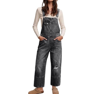 image:imagechouyatou Womens Distressed Denim Bib Overall Y2K Boyfriend Wide Leg Jeans Baggy Denim Pant JumpsuitGrey