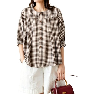 image:imagechouyatou Womens Gingham Button Down Cotton Shirt Plaid Crewneck Half Sleeve Summer Tunic Tops BlousesCoffee