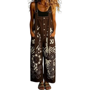 image:imagechouyatou Womens Graffiti Printed Y2K Denim Bib Pants Jumper Button Front Wide Leg Jean Jumpsuit RomperCoffee