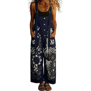 image:imagechouyatou Womens Graffiti Printed Y2K Denim Bib Pants Jumper Button Front Wide Leg Jean Jumpsuit RomperDark Blue